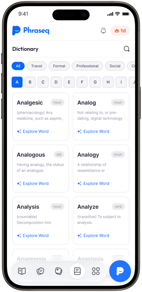 Phraseq Dictionary screen