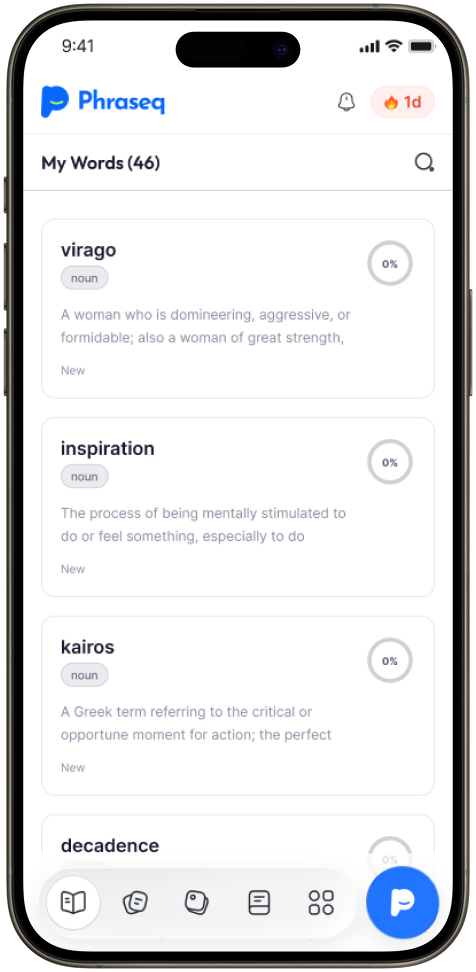 Phraseq My Words screen listing saved vocabulary