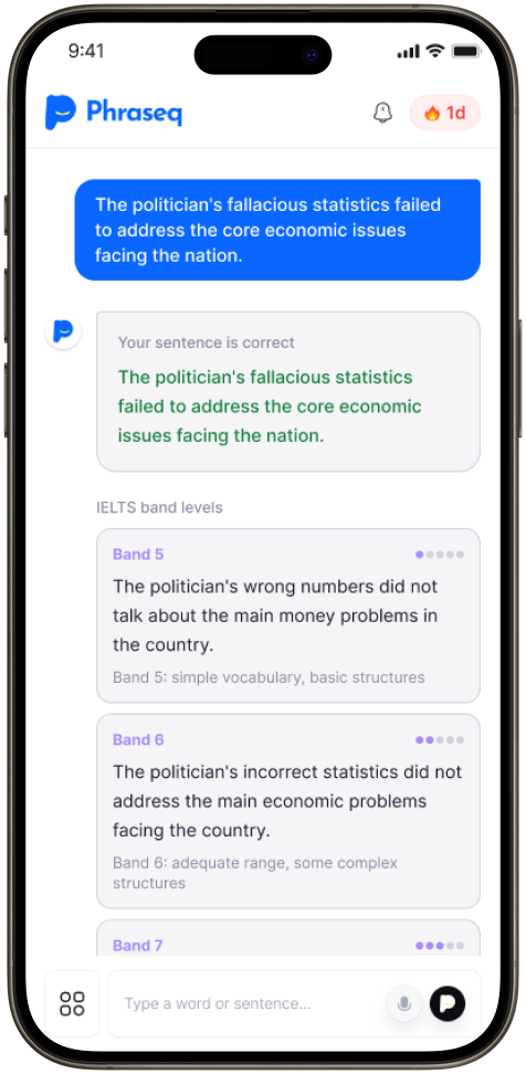 Phraseq Sentence Lab screen with IELTS band levels
